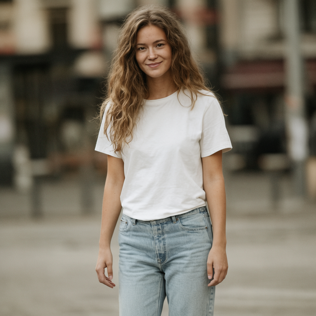 A woman standing upright in a relaxed pose, arms at her side