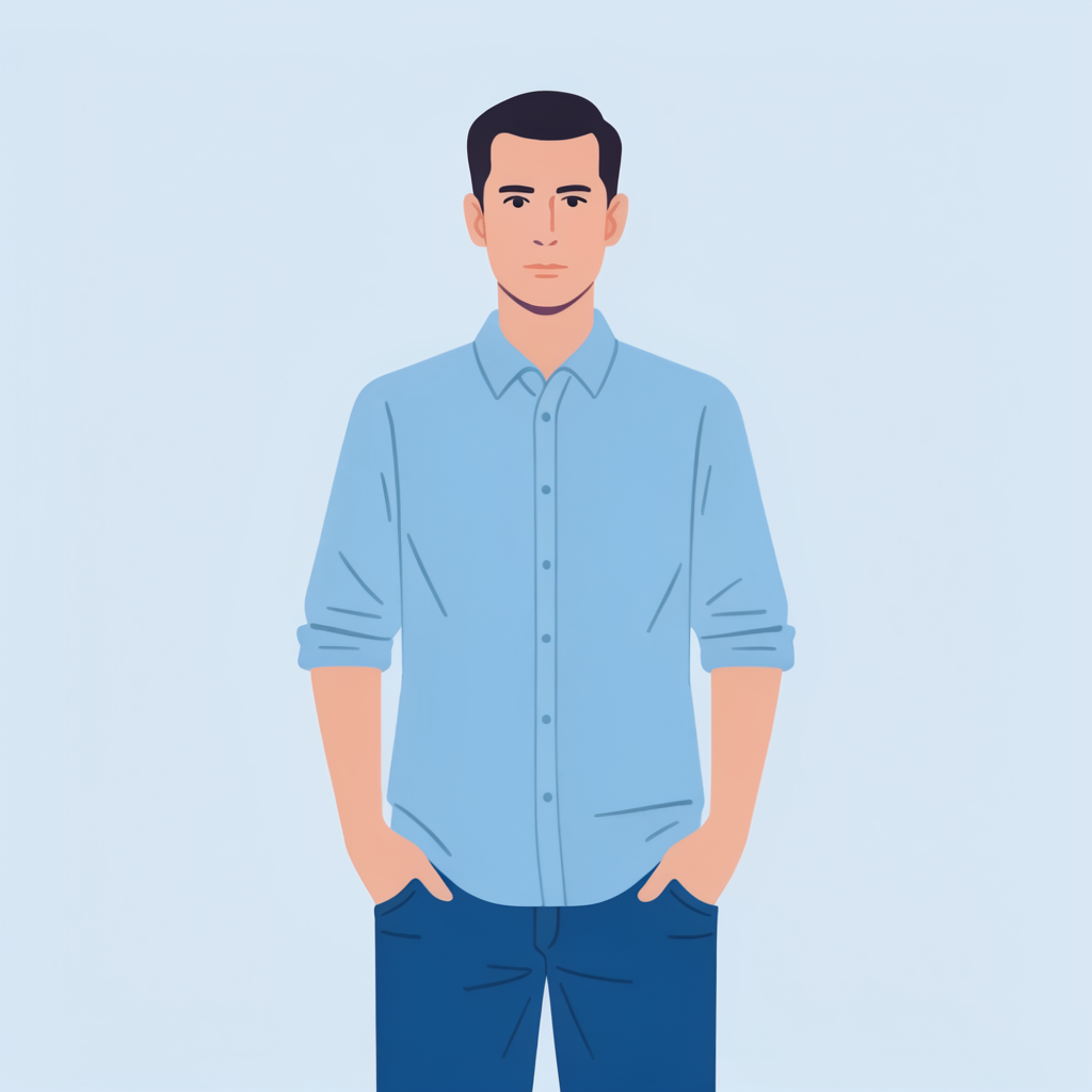 A man standing straight facing the camera, hands in pockets,
