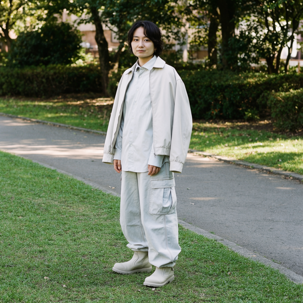 A person standing in a neutral pose in a park, full body vis