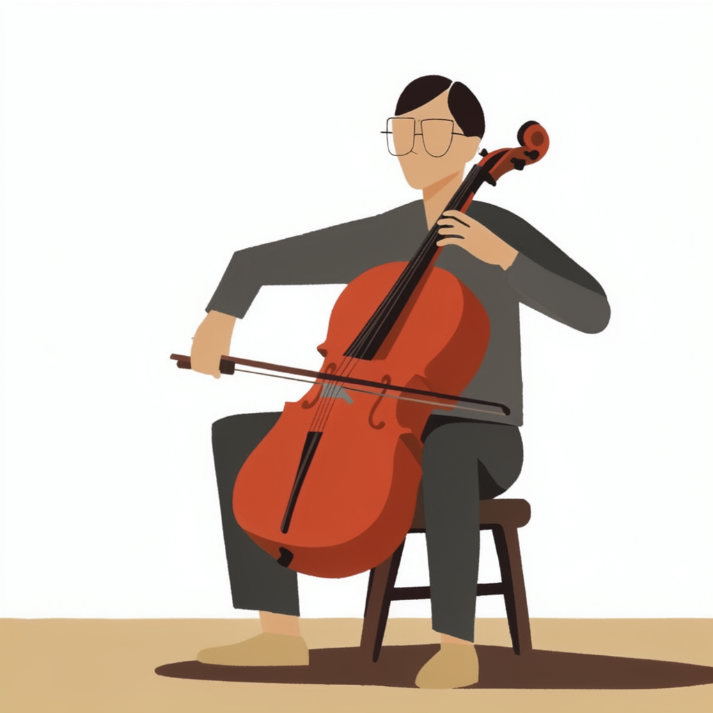 A cellist seated with correct posture, legs around the instr