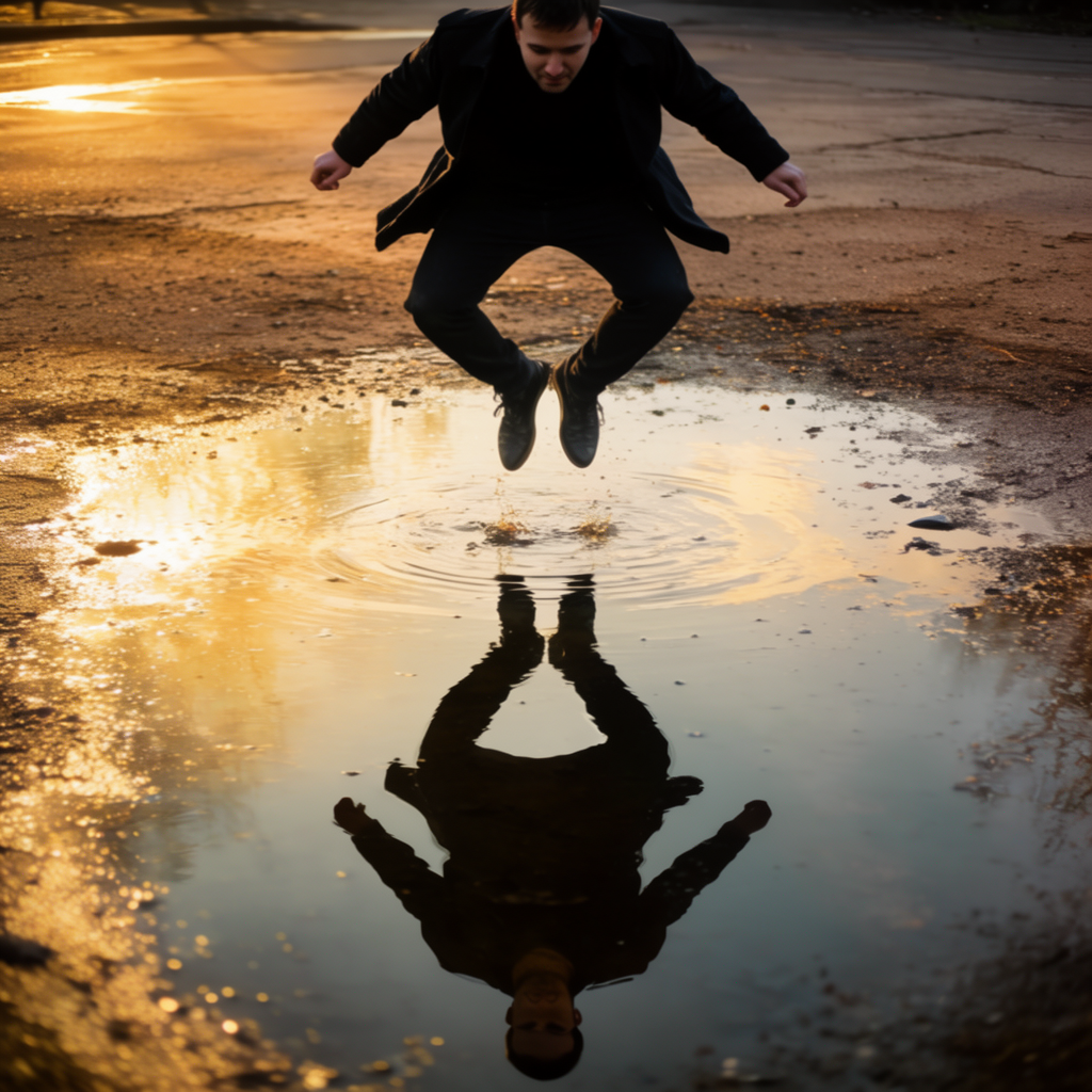 A man captured mid-jump over a puddle, body in the air with 