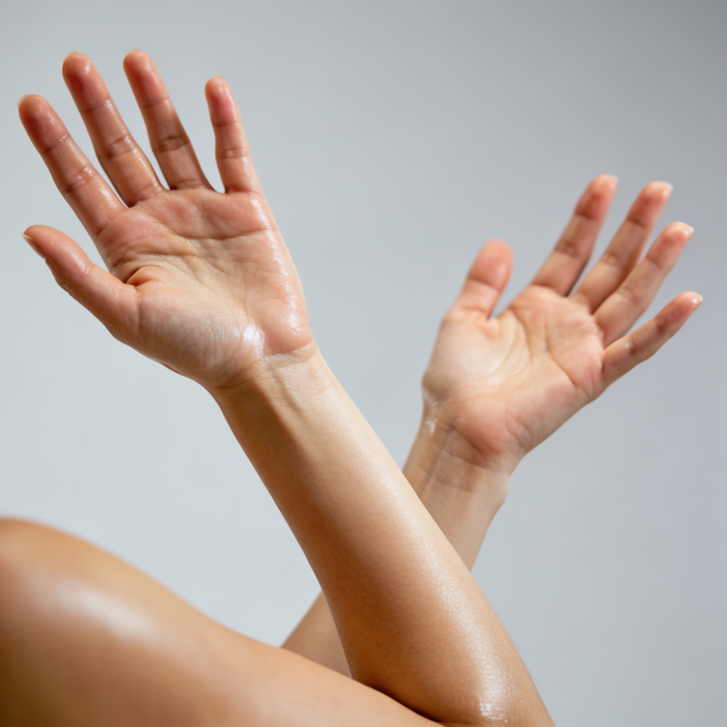 A woman holding her hands out in front of her palms-up, all 
