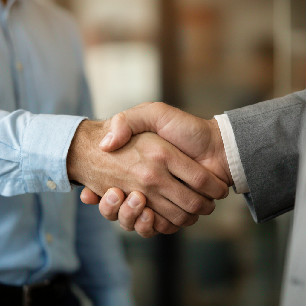 Two people shaking hands in a professional setting, all fing
