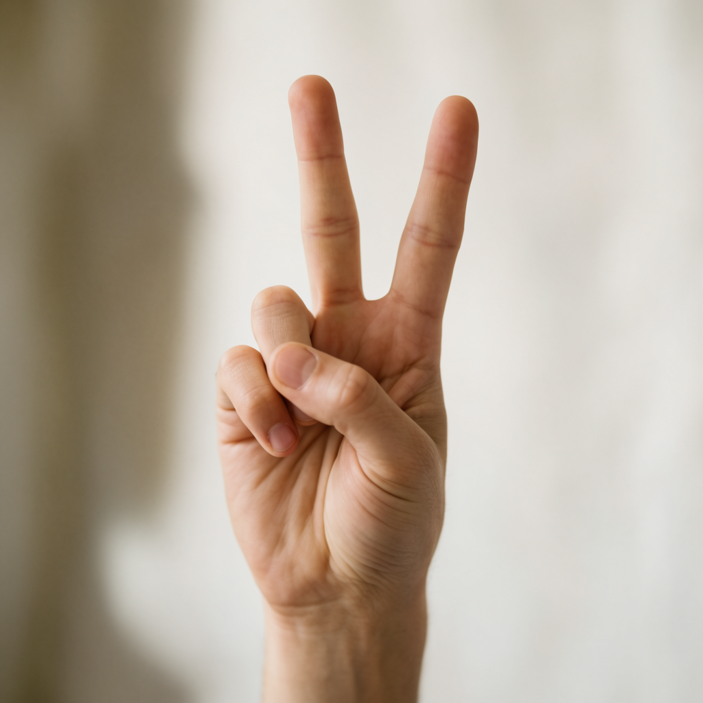 A person making a peace sign with their right hand, clearly 