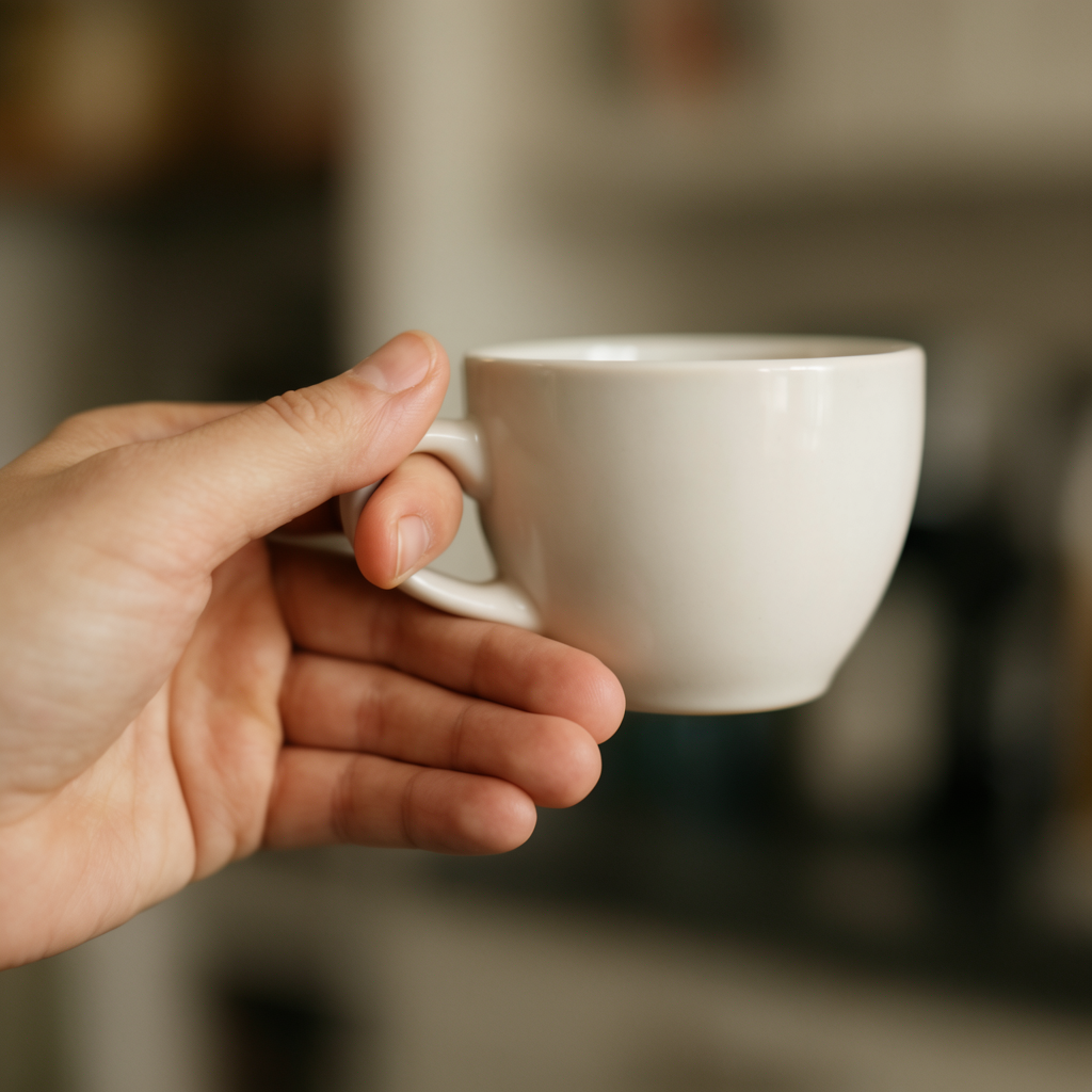 A person holding a white ceramic coffee mug by the handle wi