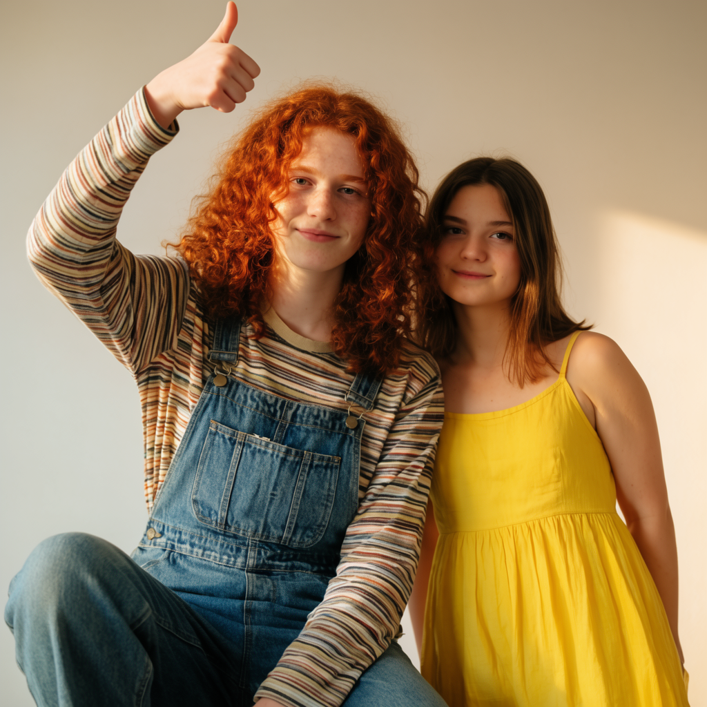 Two friends posing: one tall with curly red hair in denim ov
