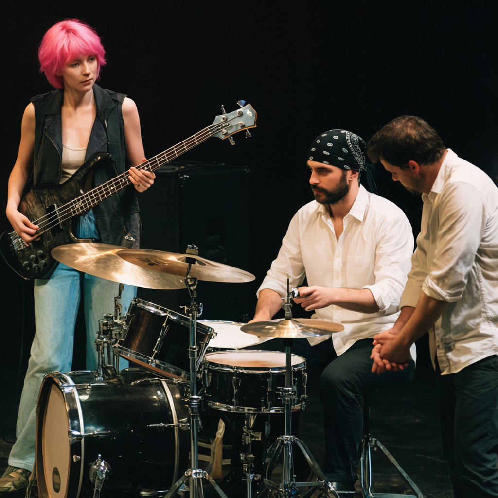 Three musicians on stage: a tall woman with short pink hair 