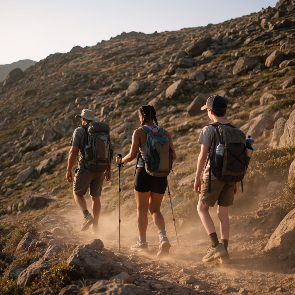 Three hikers on a trail: a man with a backpack and sunhat, a
