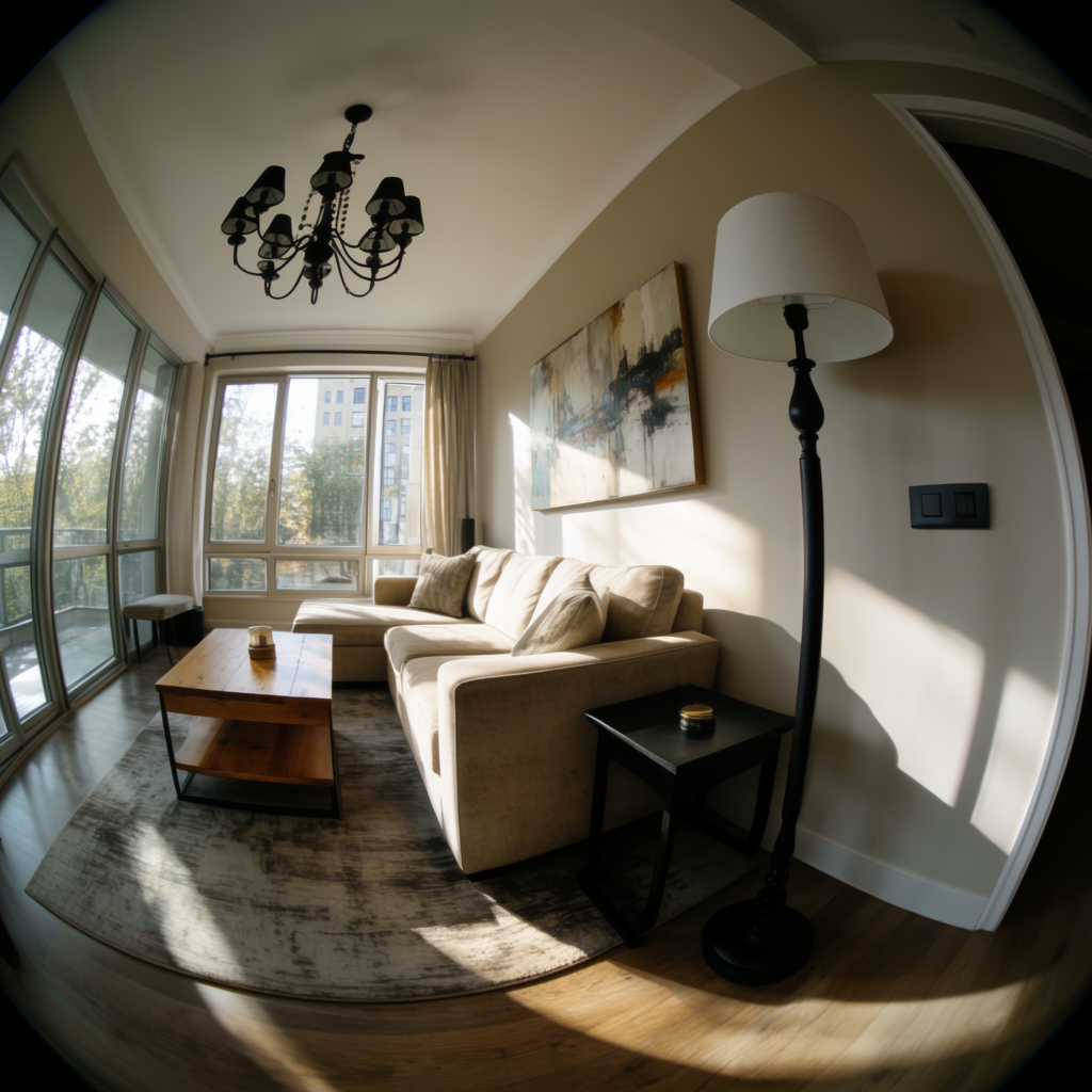 A wide-angle shot of a modern living room interior showing e