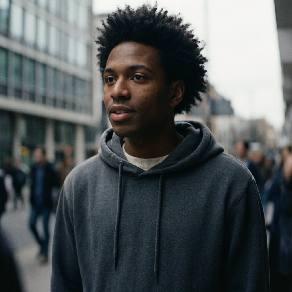 A street photograph with shallow depth of field as if shot a