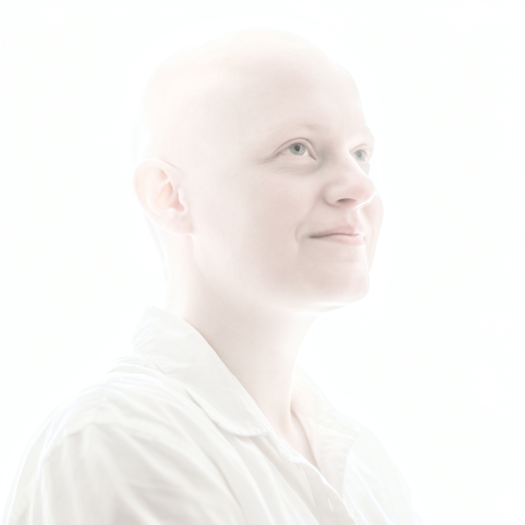 A high-key portrait of a person against a bright white backg