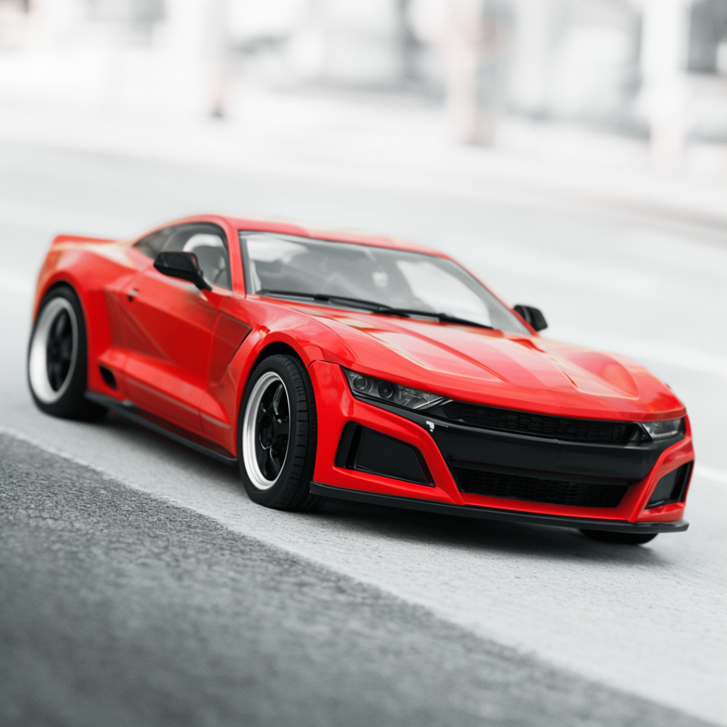 A bright red sports car parked on a gray asphalt road — the 
