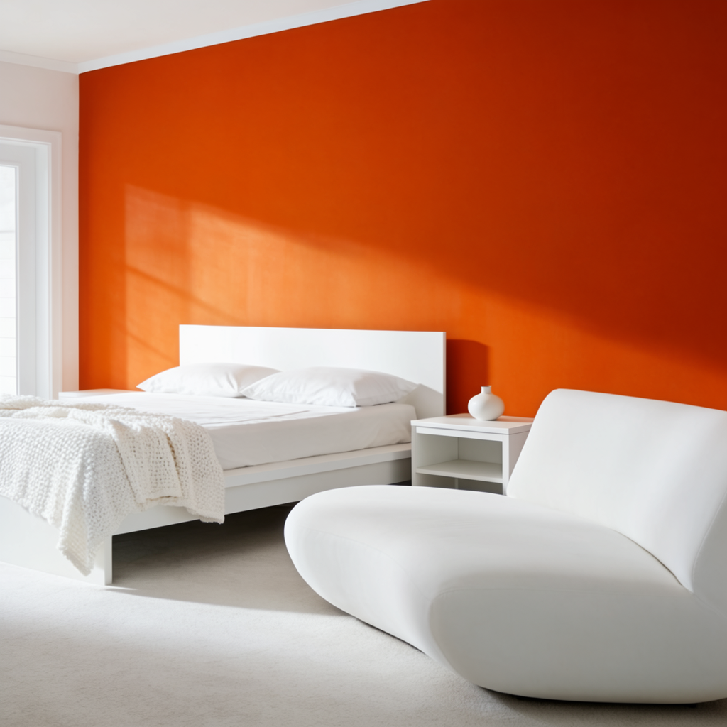 A bedroom wall painted in #FF6B35 (burnt orange) with white 