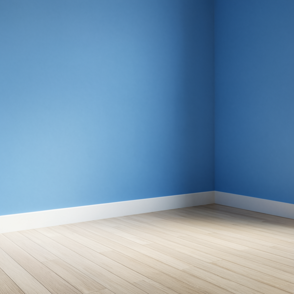 A room with walls in #4A90D9 (medium blue) with warm wooden 