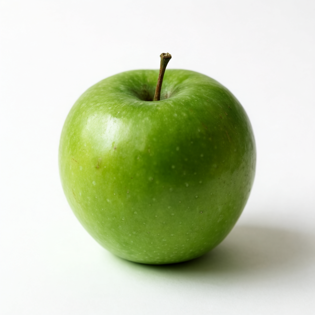 A ripe green apple on a seamless white background with soft 