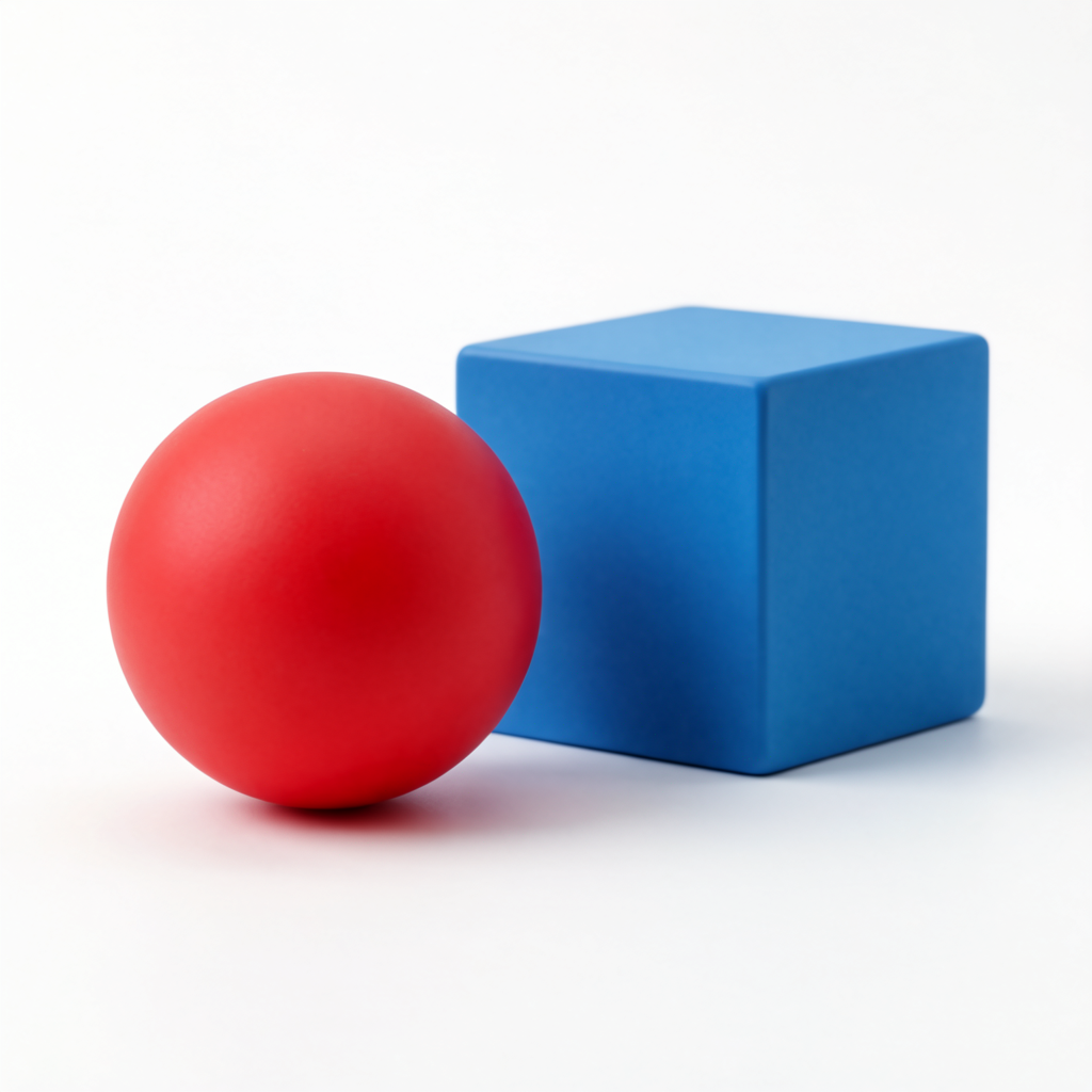 A red ball and a blue cube sitting side by side on a white s