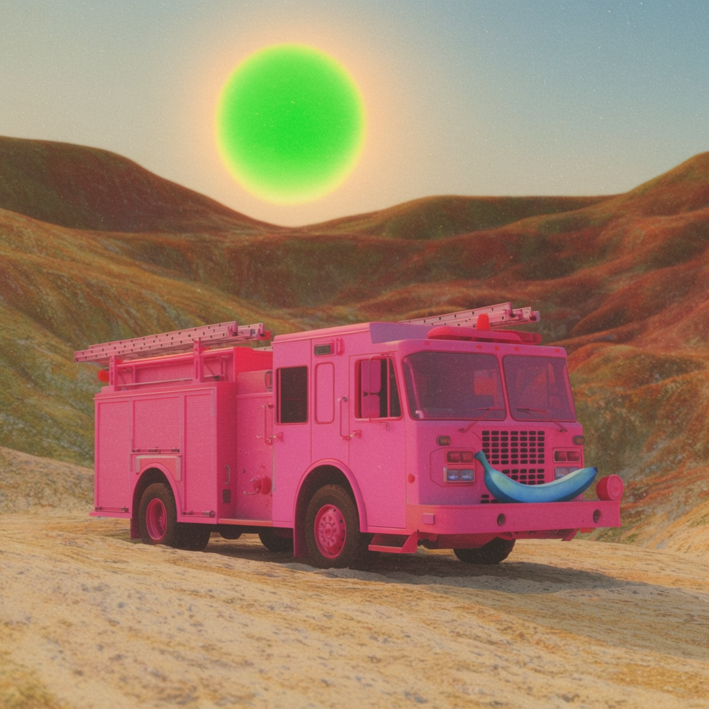 A pink fire truck, a blue banana, and a green sun in a surre