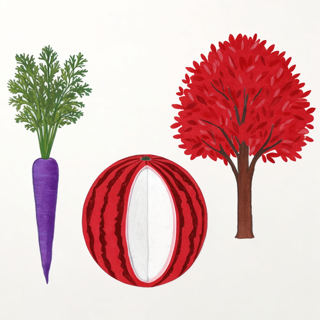 A purple carrot, a red tree with red leaves, and a white wat