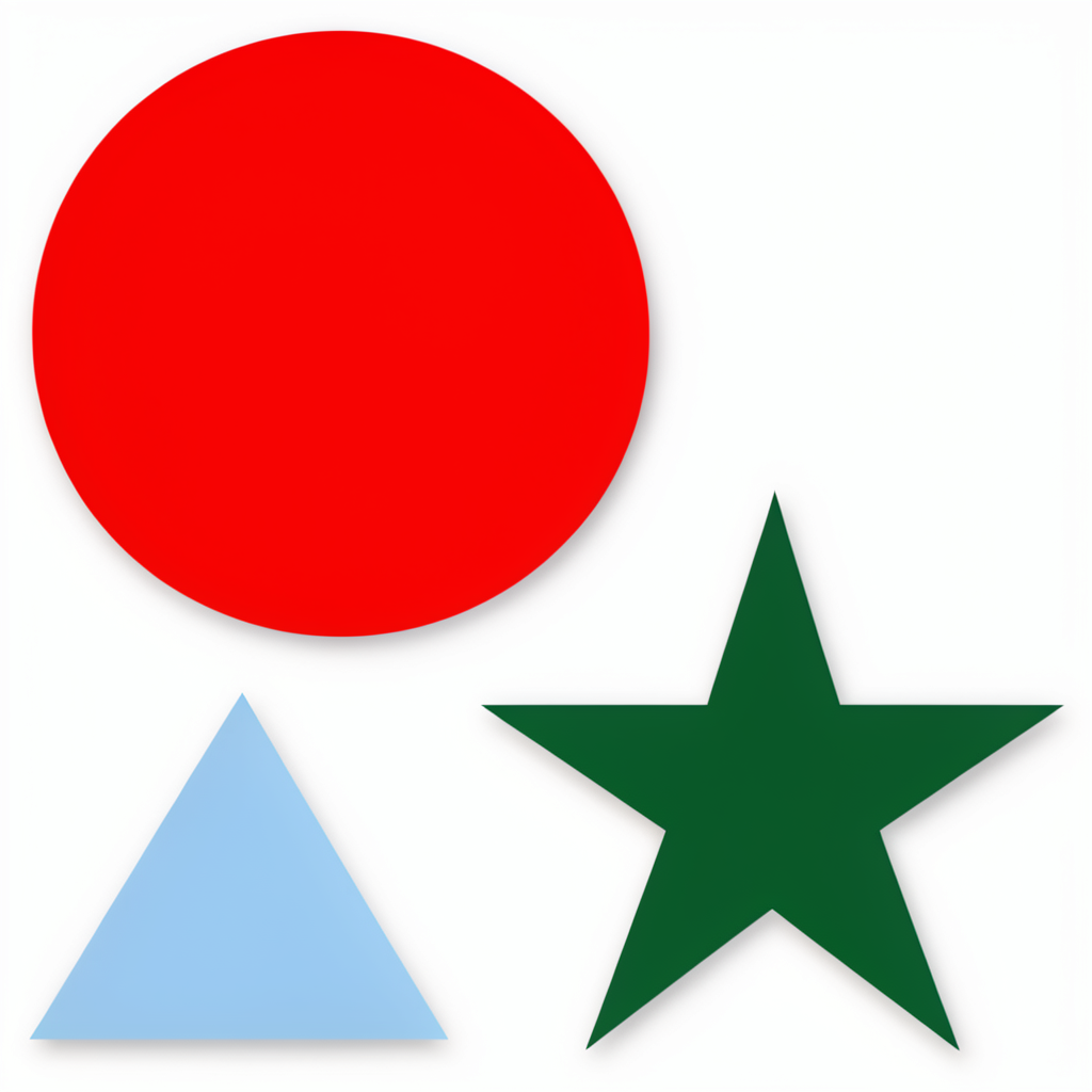 A large red circle, a small blue triangle, and a medium gree