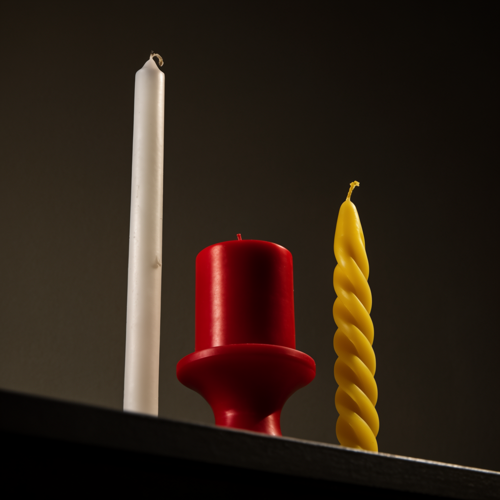 A tall thin white candle, a short fat red candle, and a medi