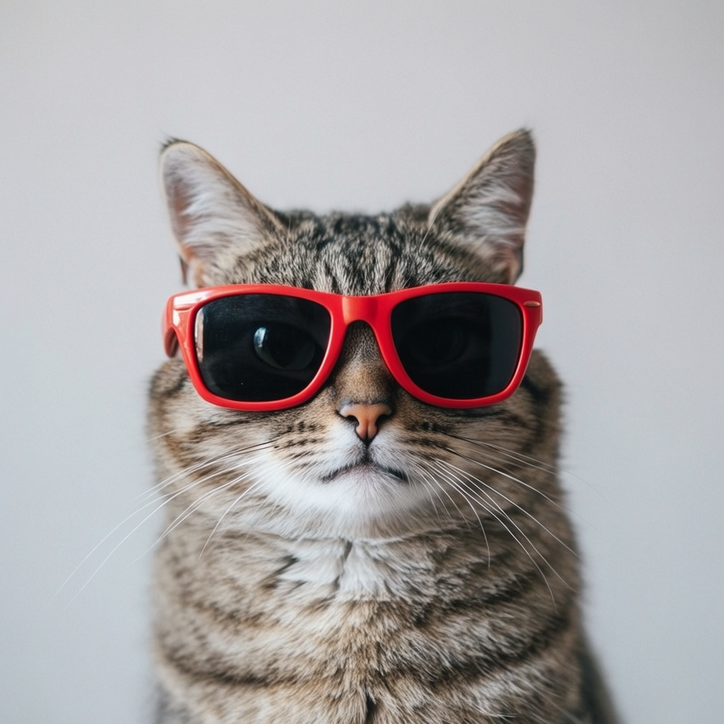 A tabby cat wearing oversized red sunglasses