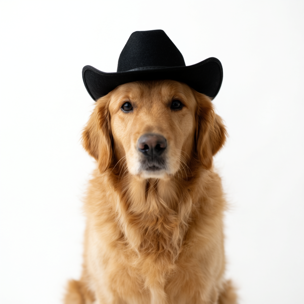 A golden retriever wearing a tiny cowboy hat