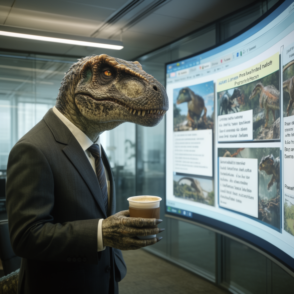A dinosaur in a business suit giving a PowerPoint presentati