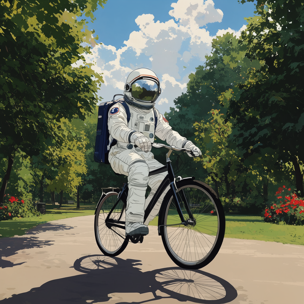An astronaut in a spacesuit riding a bicycle through a park