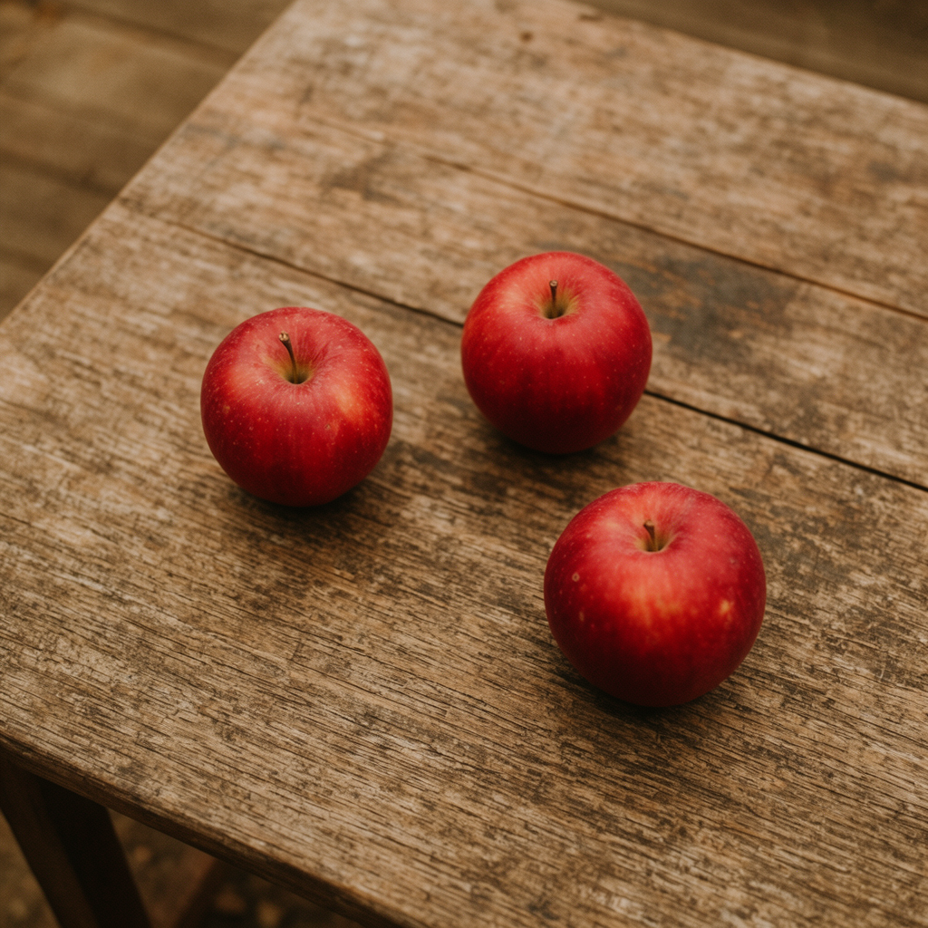 Exactly 3 red apples arranged on a wooden table