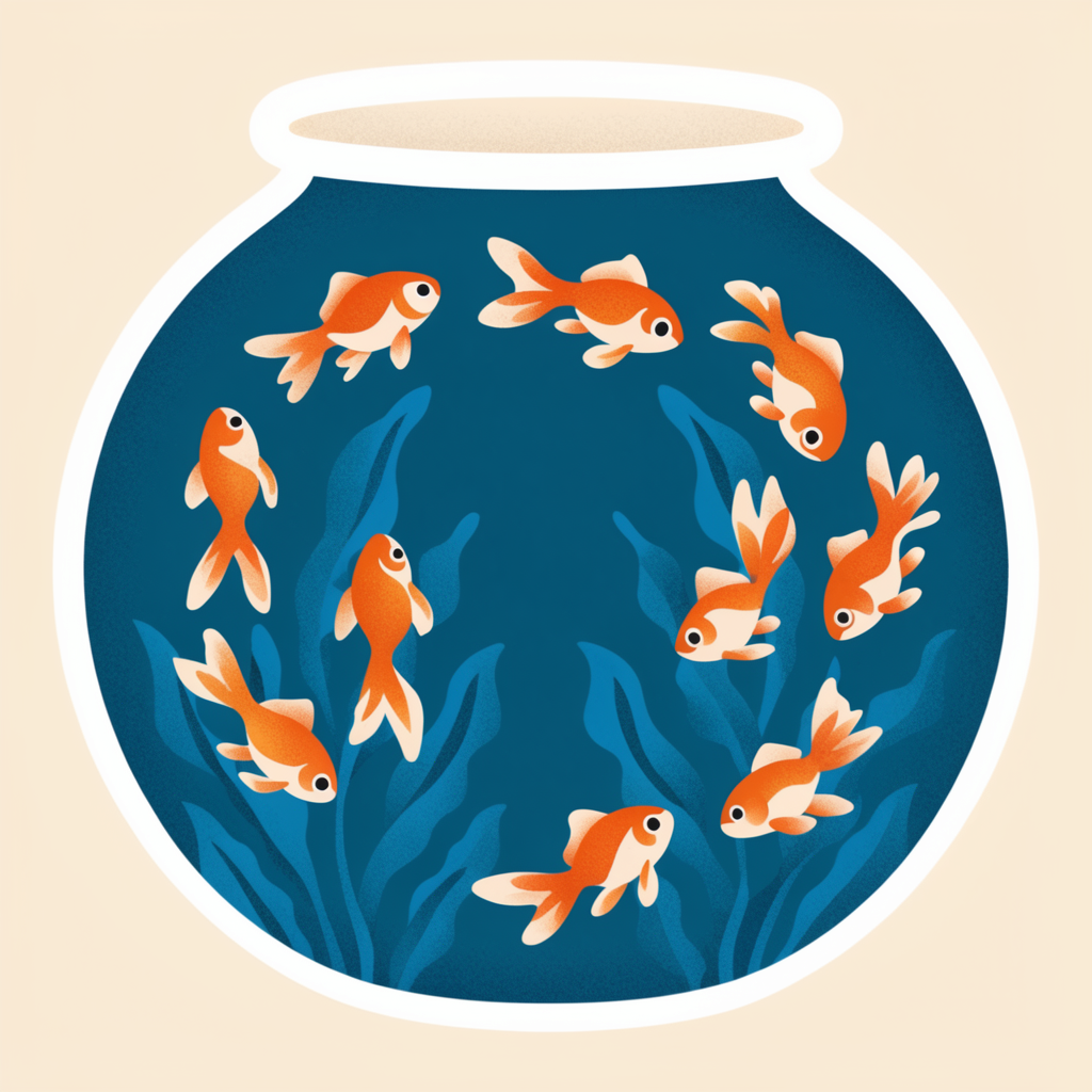 Exactly 9 goldfish swimming in a large round fishbowl