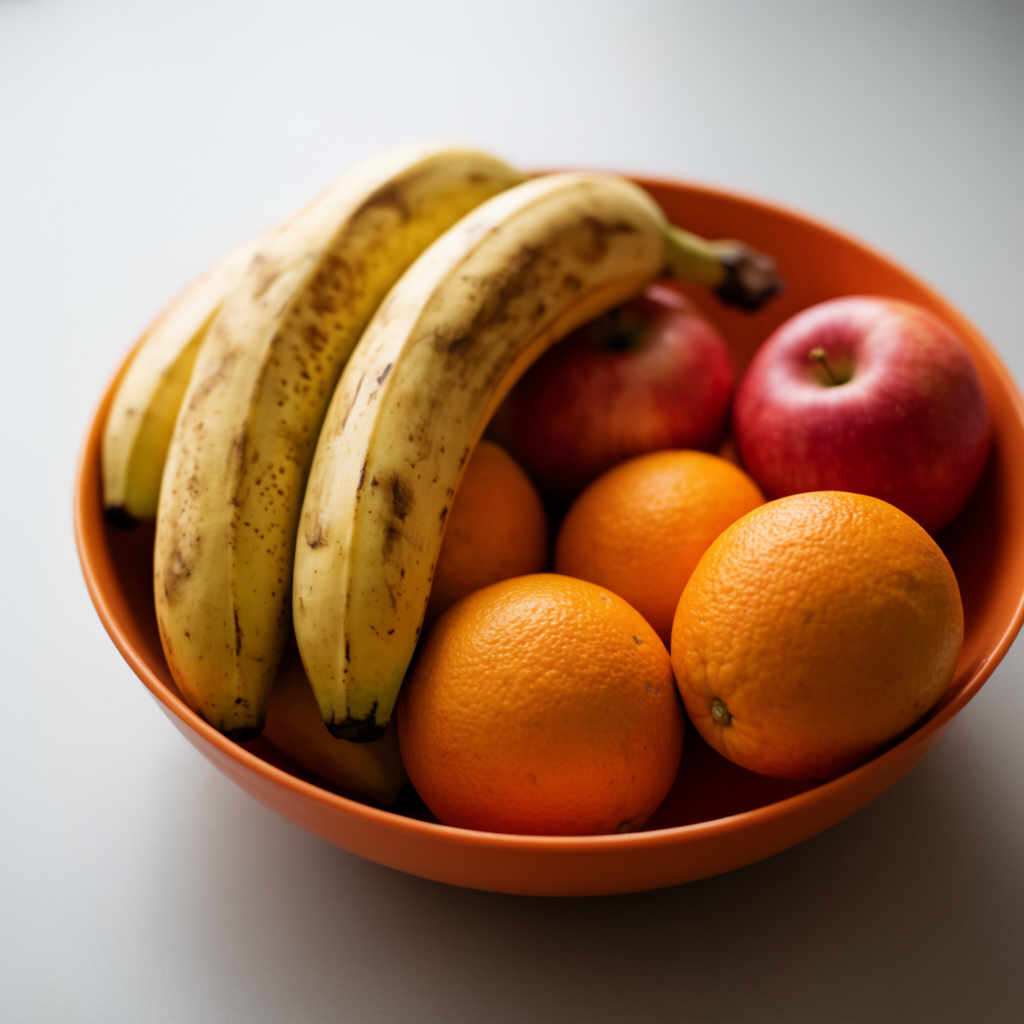 A fruit bowl containing exactly 3 bananas, 4 oranges, and 2 