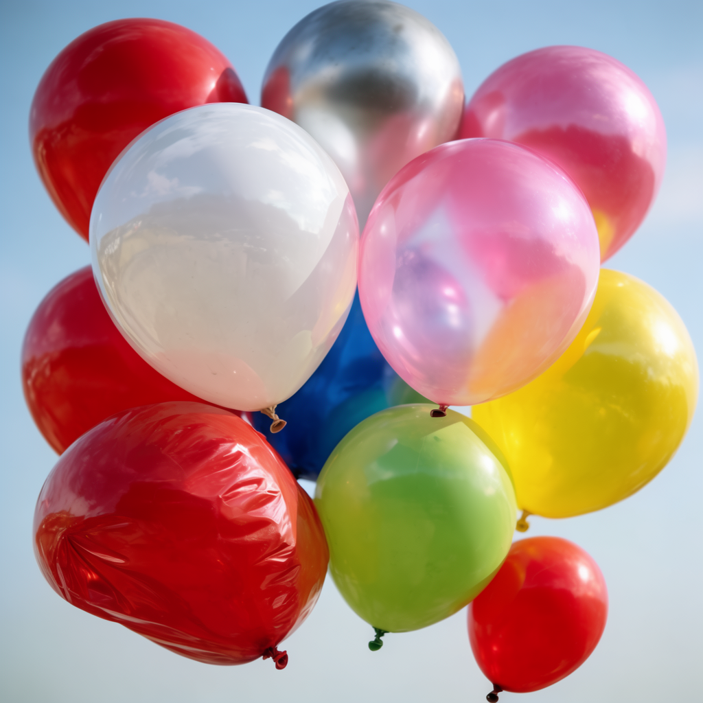 Exactly 11 colorful balloons floating against a clear blue s