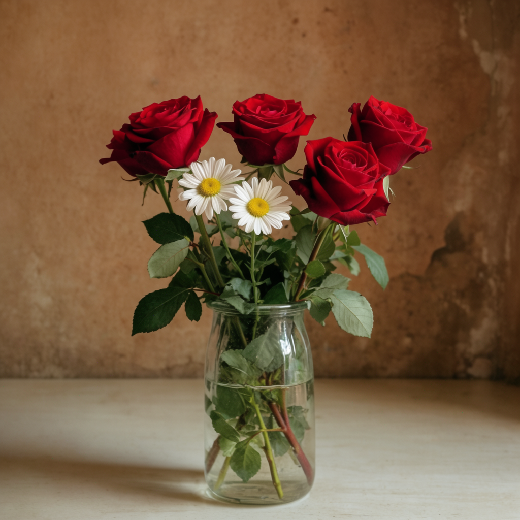 4 red roses and 2 white daisies in a glass vase on a table