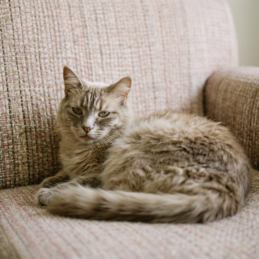 A cat lying on a couch without a collar