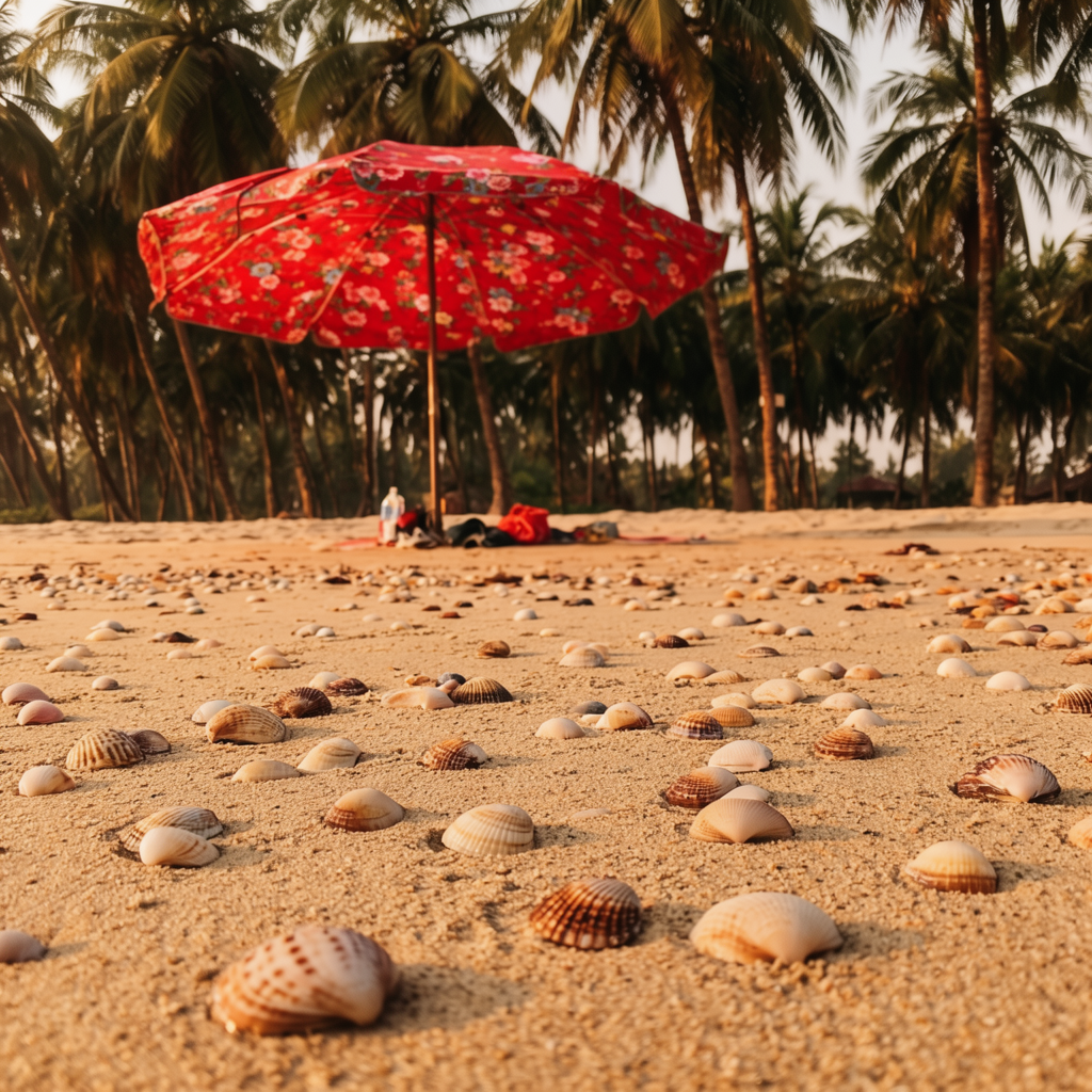 A sandy beach with palm trees, seashells, and a beach umbrel