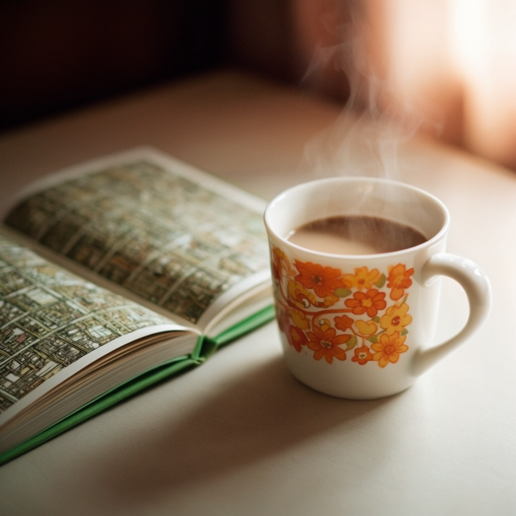 A coffee mug next to an open book on a desk