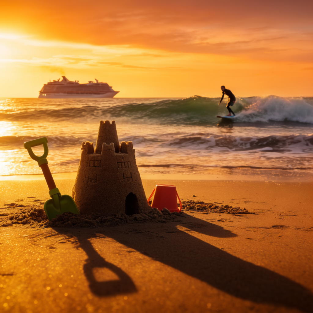 A beach scene with a sandcastle in the foreground, a surfer 