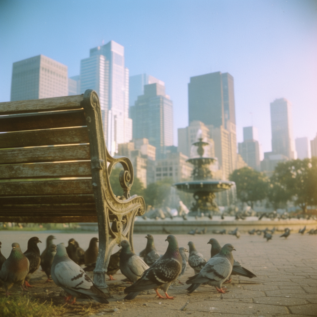 A city park with a park bench and pigeons in the foreground,