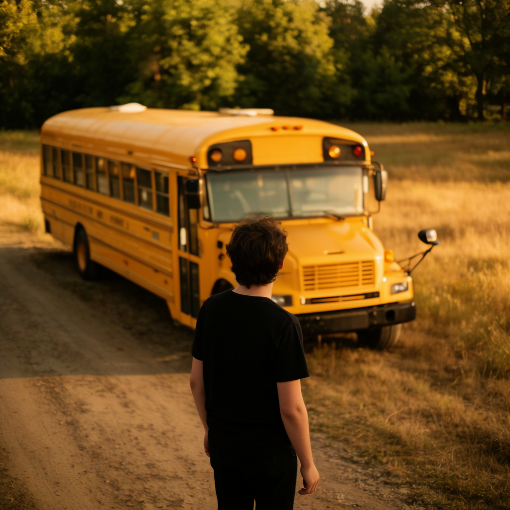 A person standing next to a yellow school bus, showing reali