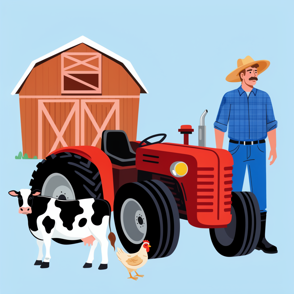 A farm scene with a barn, tractor, farmer, cow, chicken, and