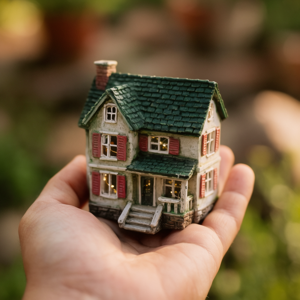A miniature house sitting on the palm of someone's hand