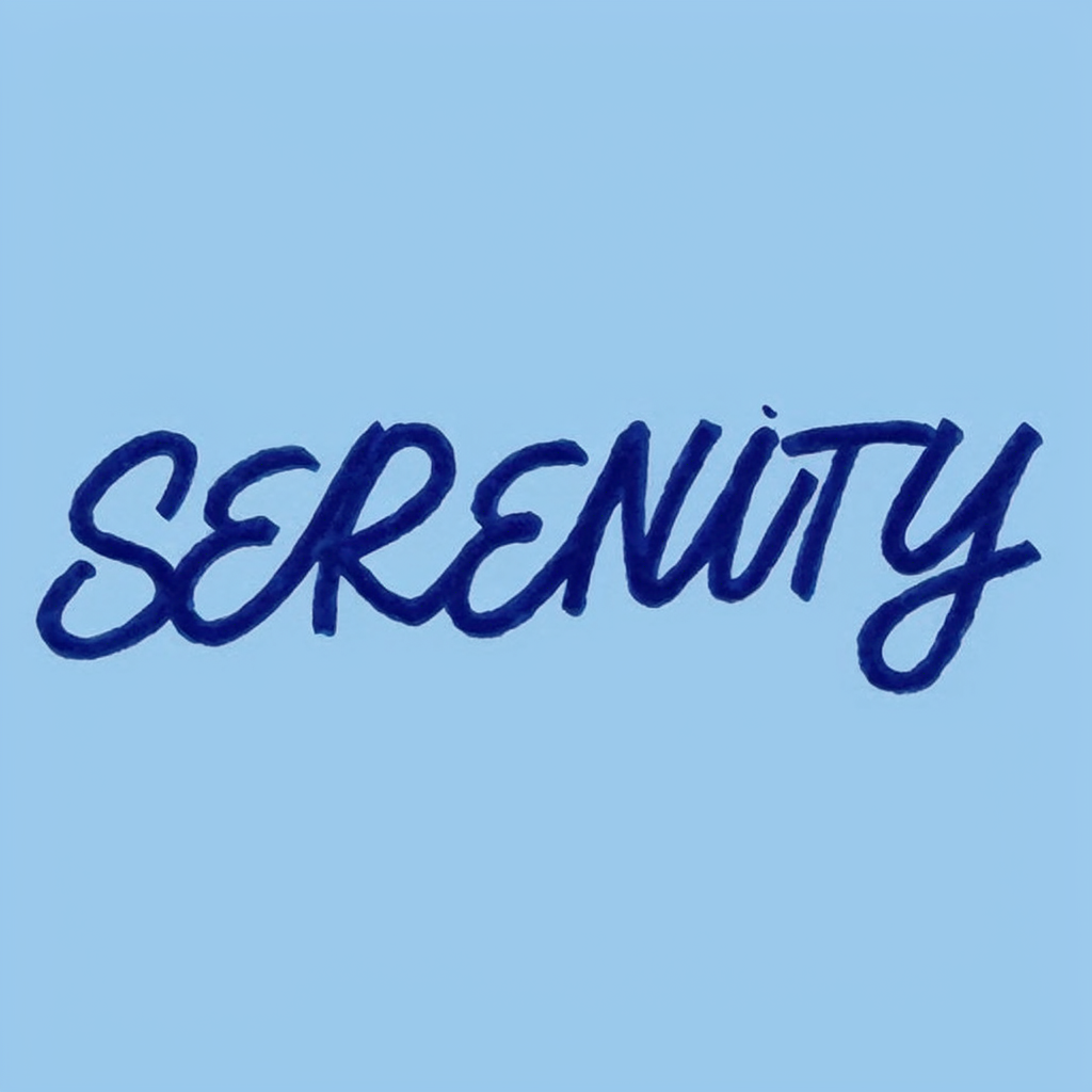 The word 'SERENITY' written large and centered on a solid li