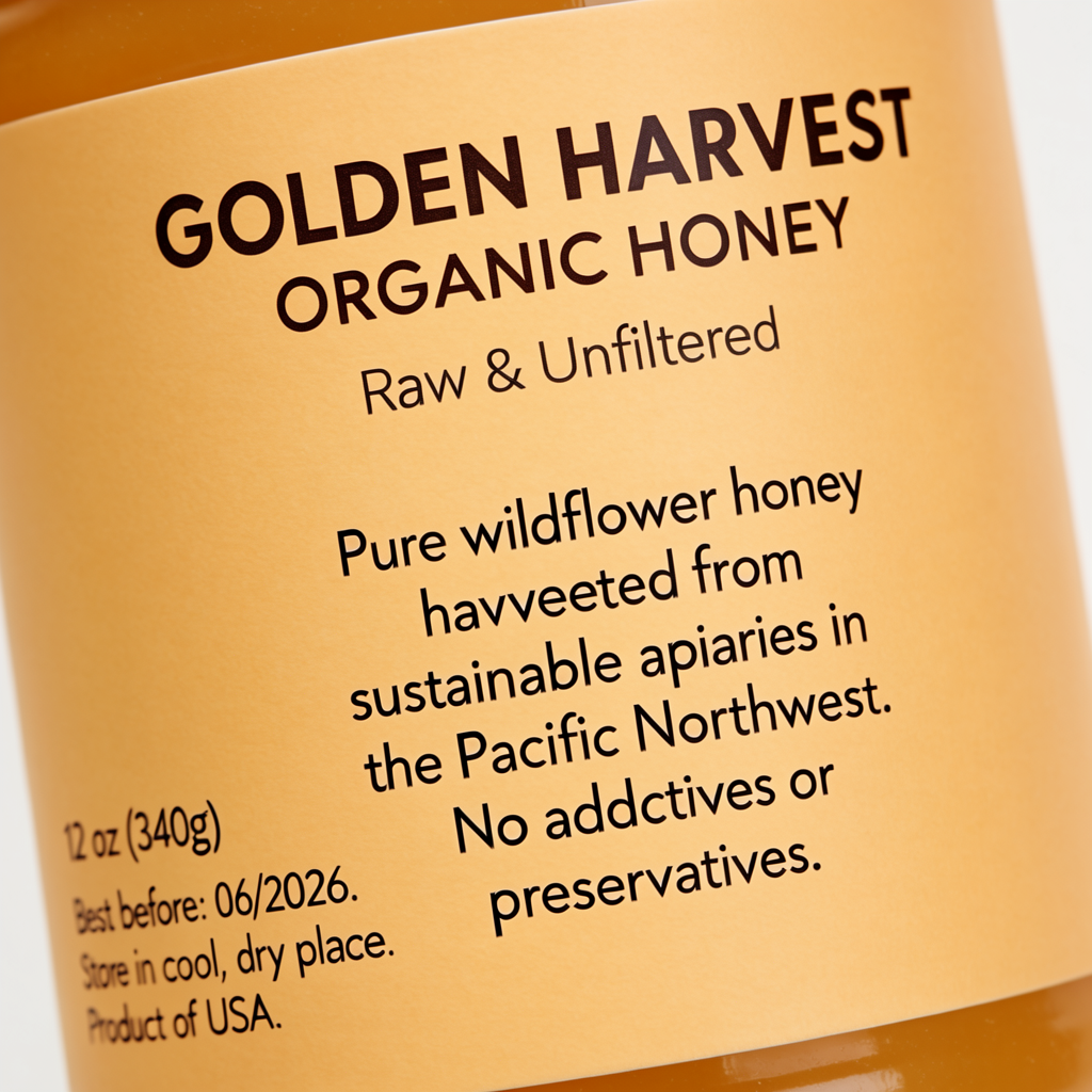 A product label for 'GOLDEN HARVEST ORGANIC HONEY' with subt