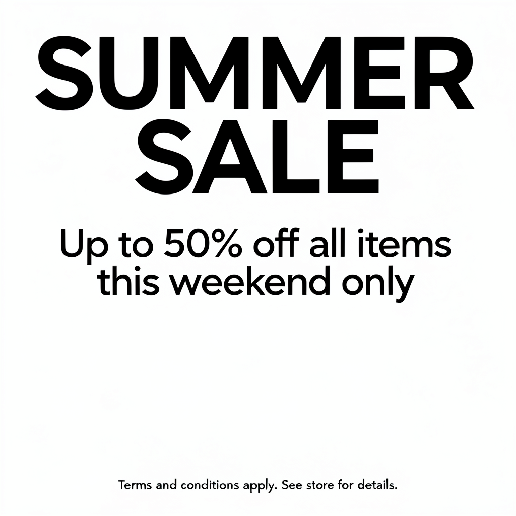 A poster with headline 'SUMMER SALE' in large bold text, bod