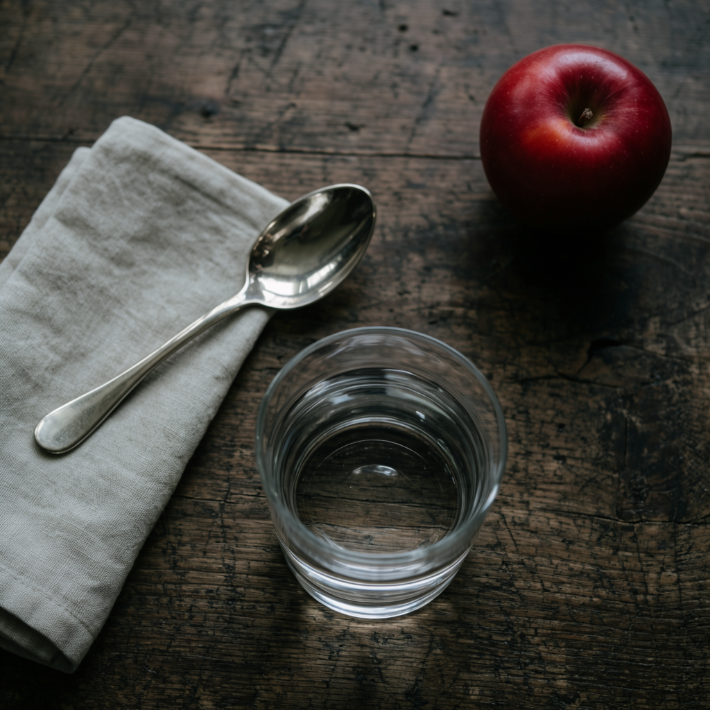 A still life on a wooden table featuring a clear glass of wa