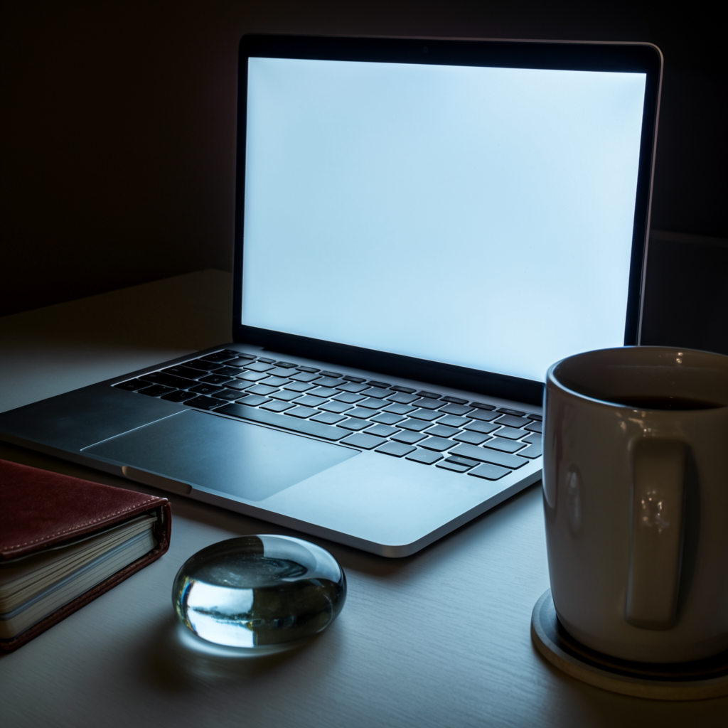 A workspace desk with a brushed aluminum laptop, a leather-b