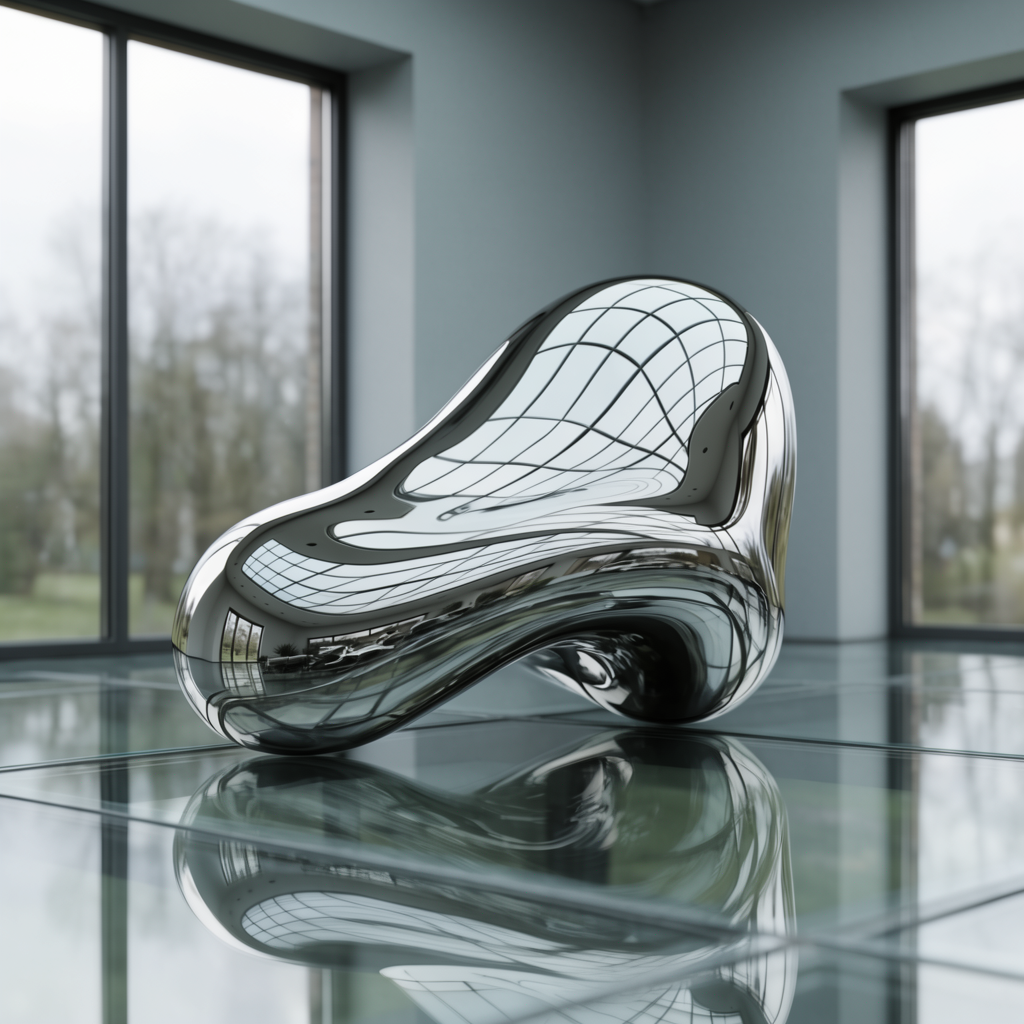 A chrome sculpture in a room with a glass floor and large wi