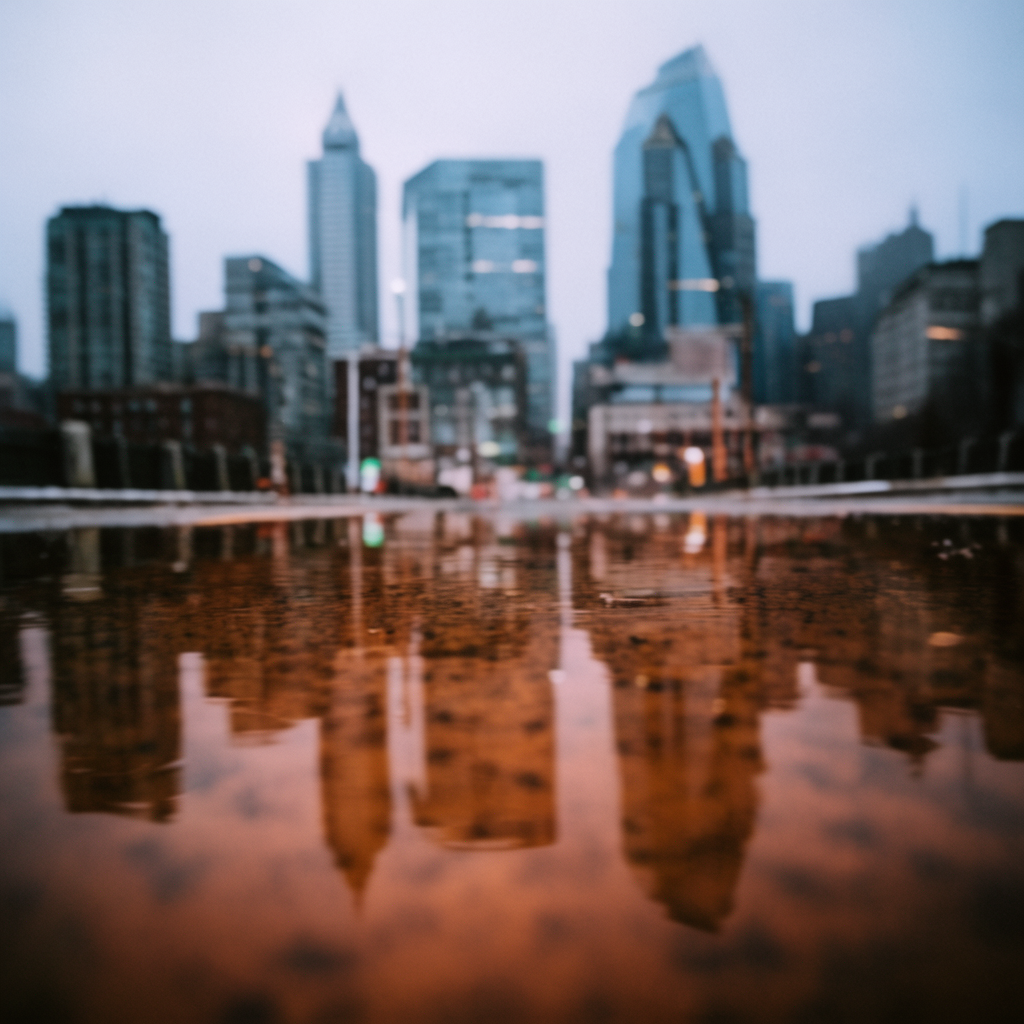 A city skyline reflected in a rain puddle on a street, with 