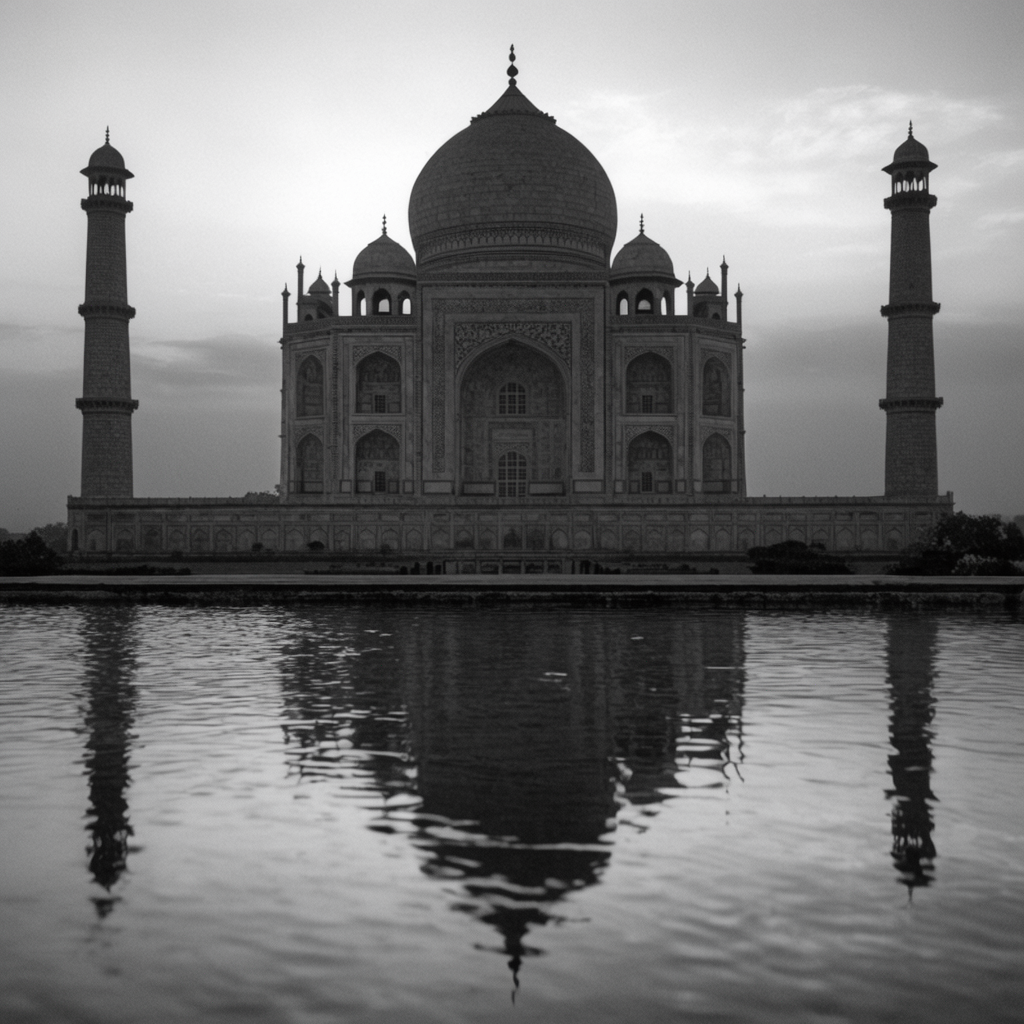The Taj Mahal in Agra seen from the reflecting pool, with ac