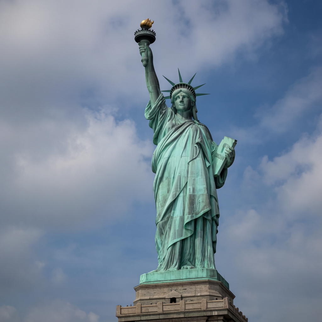 The Statue of Liberty on her island pedestal, with correct t